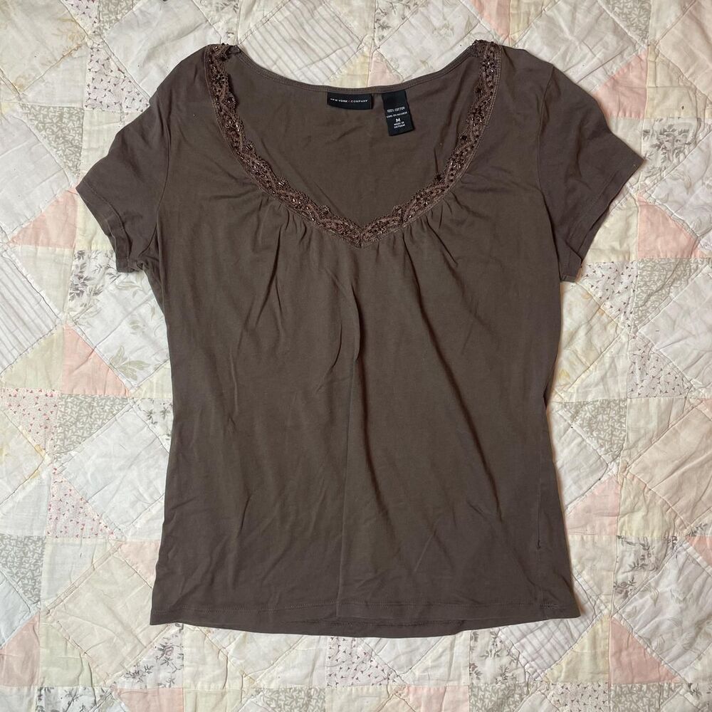 vintage new york and company y2k brown romantic short sleeve babydoll tee medium